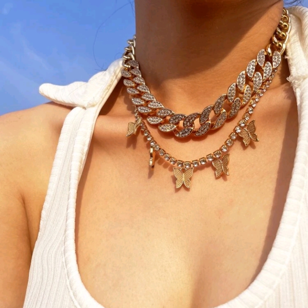 GOLD CHUNKY CHAIN RHINESTONE CUBAN CHOKER NEW